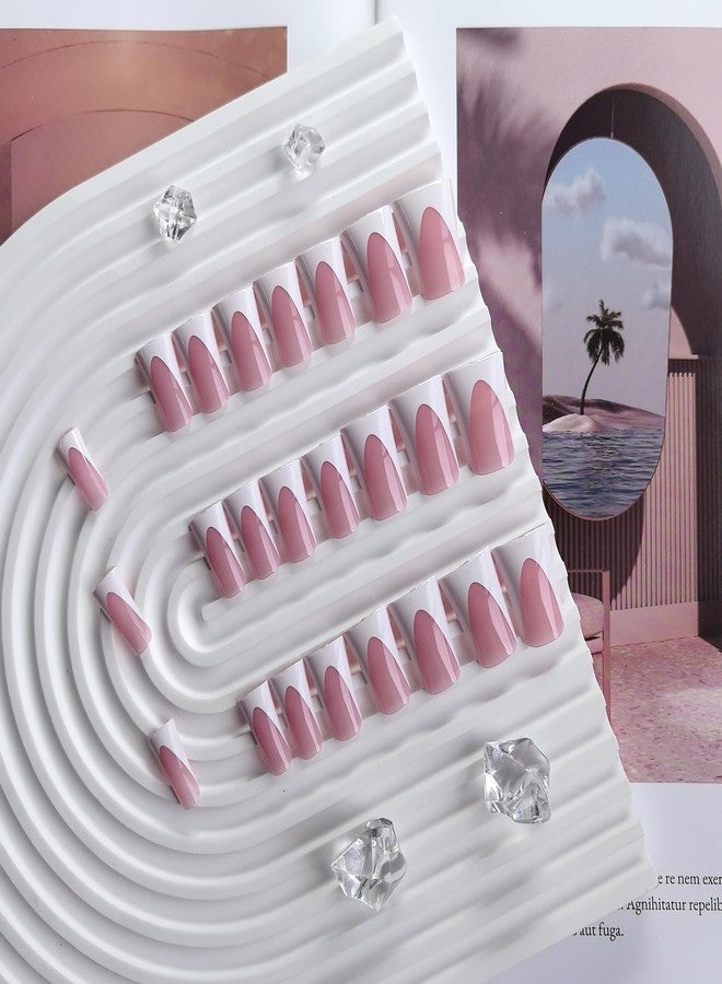 KQueenest White French Tip Press on Nails Medium Long - Duck Press on Nails for Women, Soft Gel Fake Nails Press ons, Natural Reusable Light Pink French Tip Glue on Nails for Women Wedding, 30 Pcs - Image 4